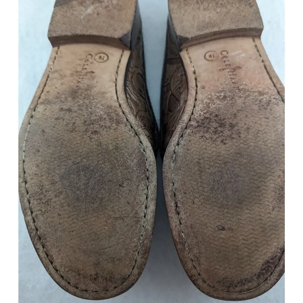 Cole Haan wmns 7B Slides Open Back Tooled Leather Brown Leather Soles Preowned